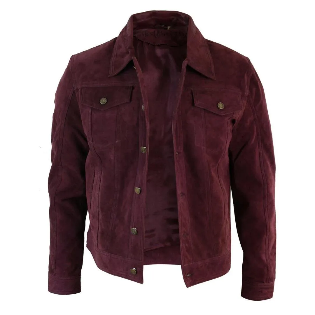 Mens Vintage Short Denim Style Retro Real Suede Leather Jean Jacket Casual