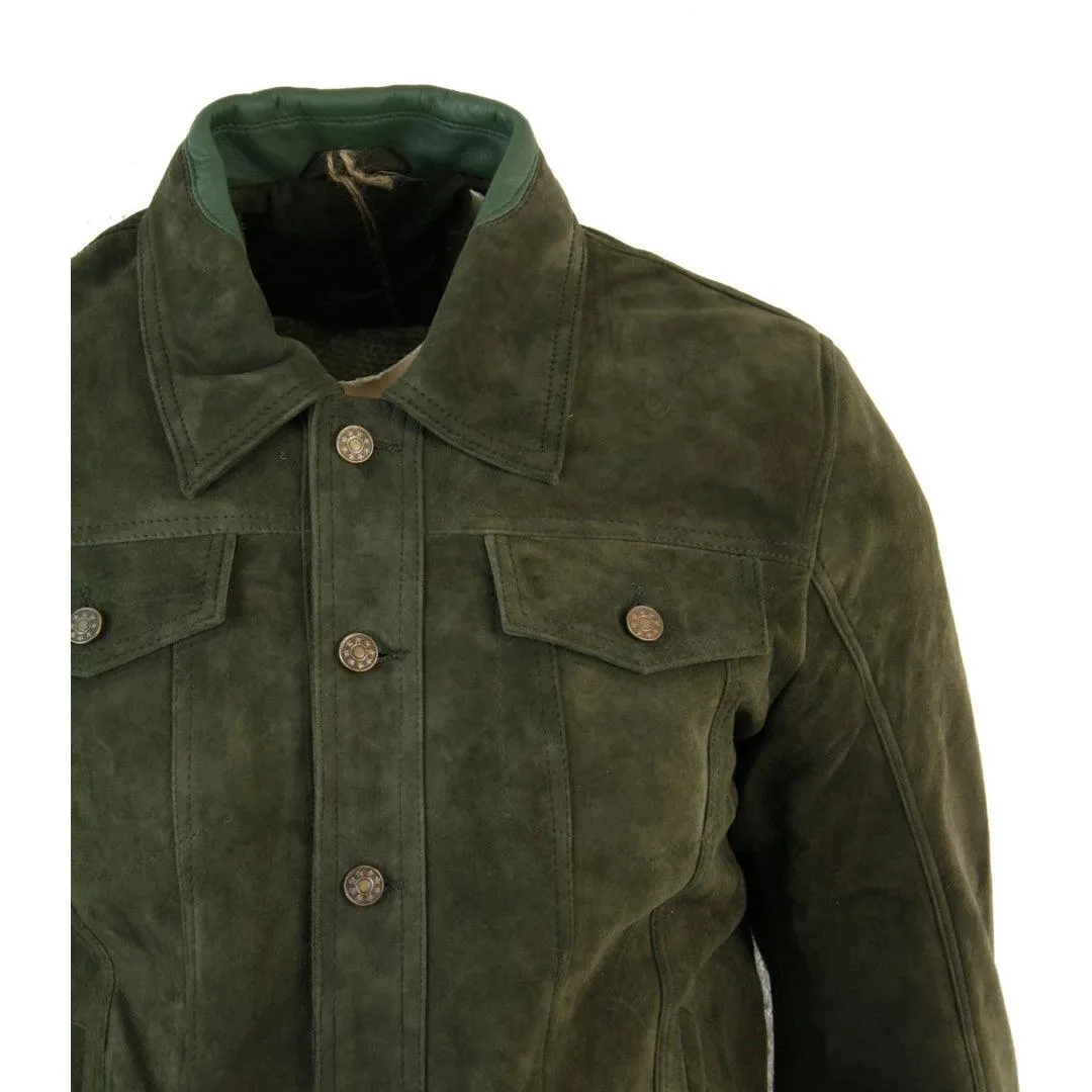 Mens Vintage Short Denim Style Retro Real Suede Leather Jean Jacket Casual