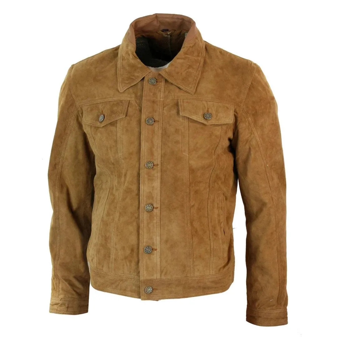 Mens Vintage Short Denim Style Retro Real Suede Leather Jean Jacket Casual