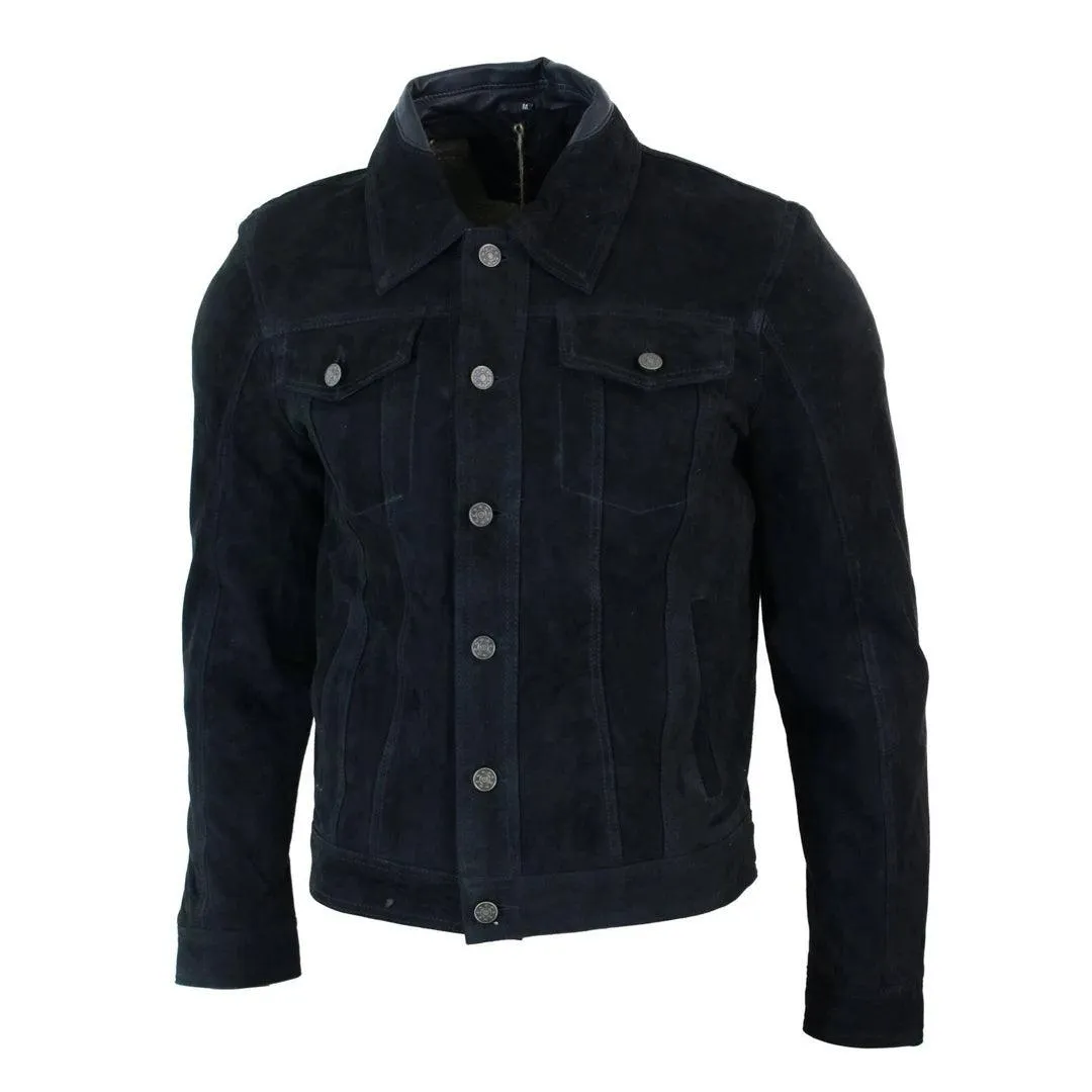 Mens Vintage Short Denim Style Retro Real Suede Leather Jean Jacket Casual