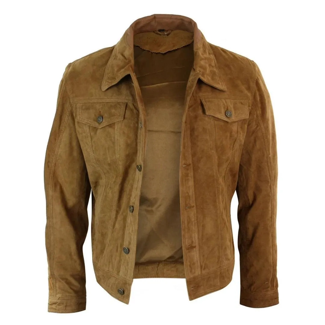 Mens Vintage Short Denim Style Retro Real Suede Leather Jean Jacket Casual