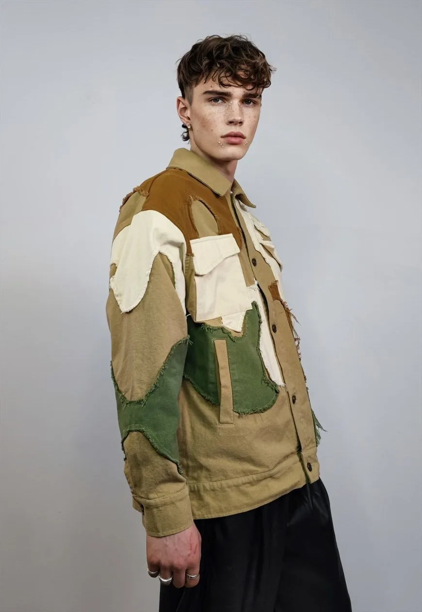Military denim jacket patchwork distressed jean varsity camo
