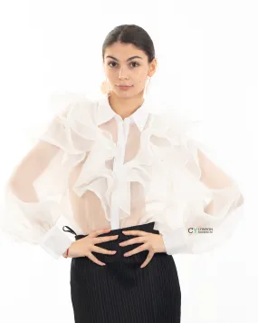 Multi Layer ruffles design sheer organza  shirt in White