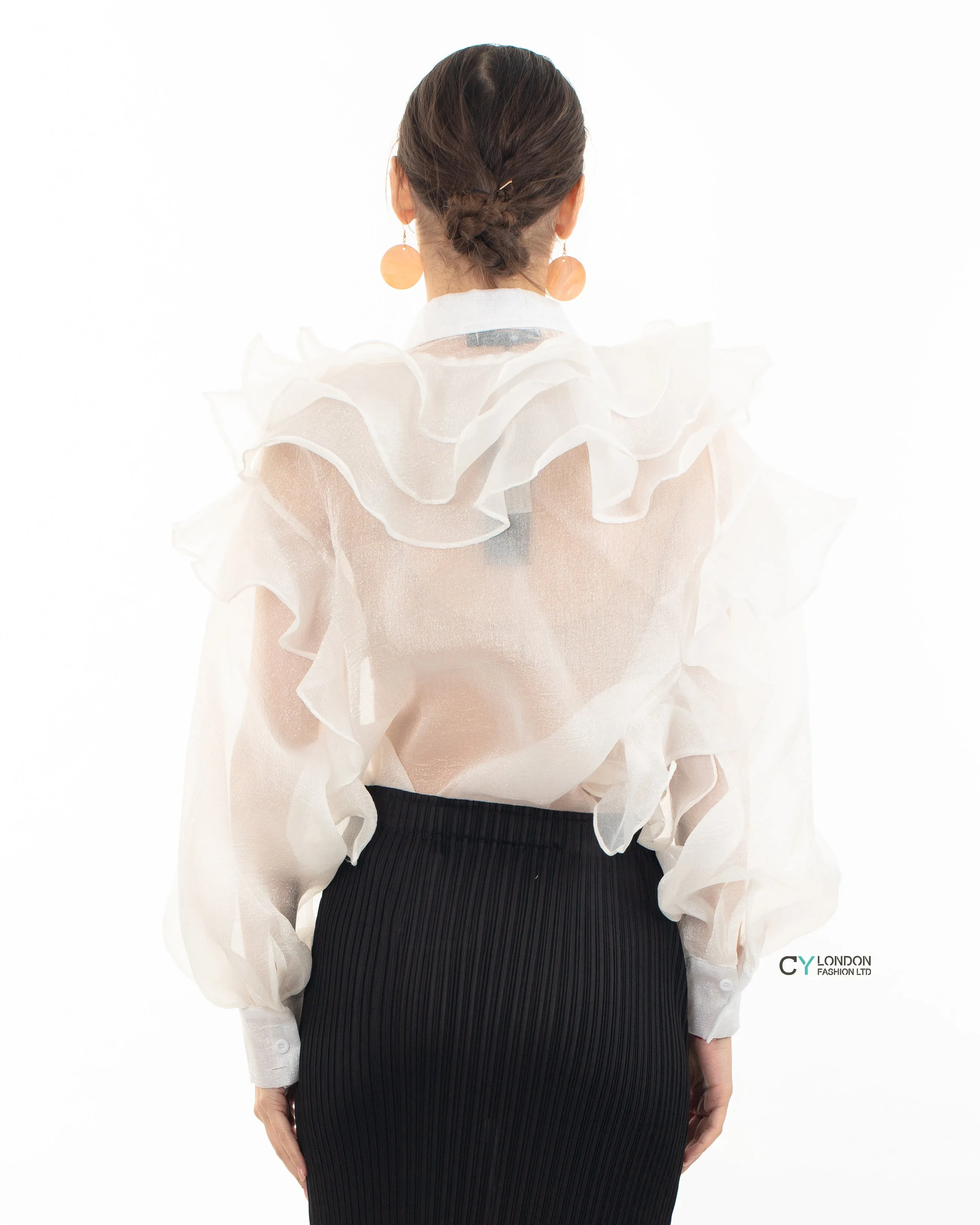 Multi Layer ruffles design sheer organza  shirt in White