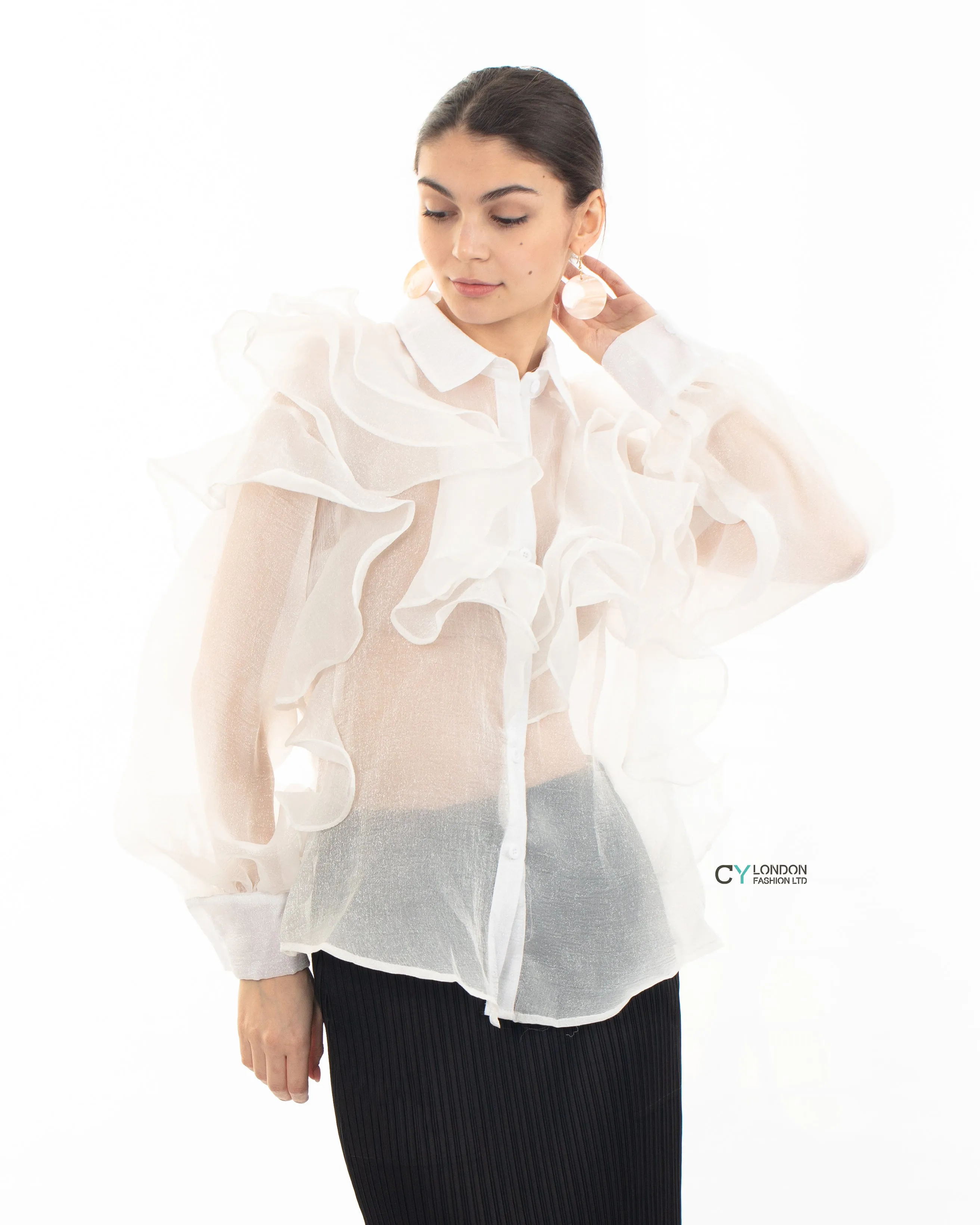 Multi Layer ruffles design sheer organza  shirt in White