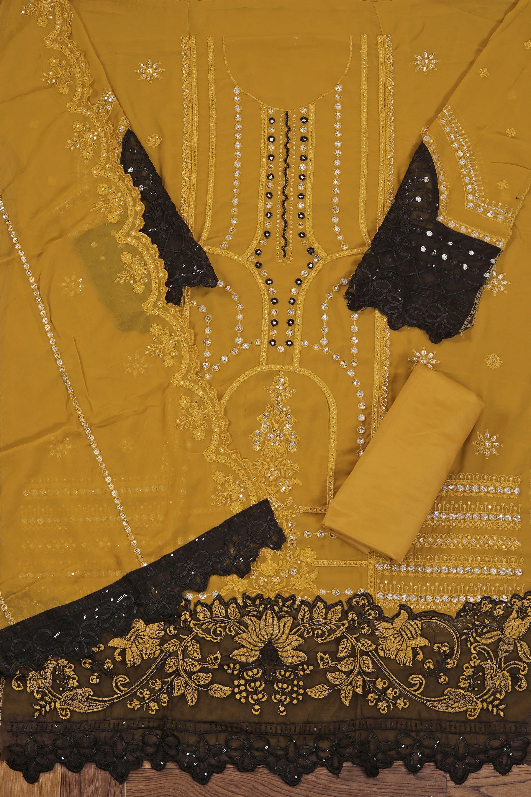 Mustard Embroidered Poly Georgette Dress Material with Dupatta