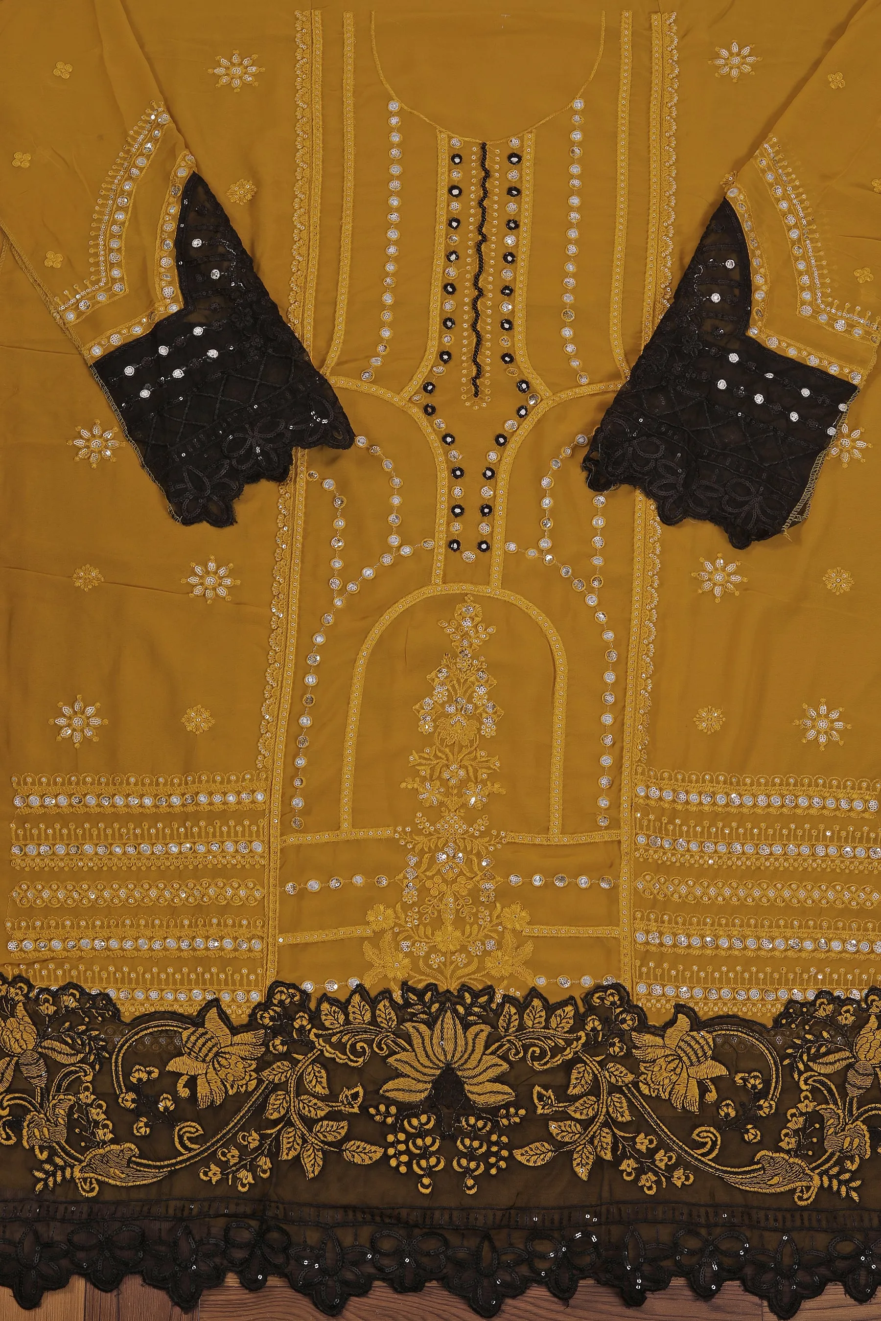 Mustard Embroidered Poly Georgette Dress Material with Dupatta