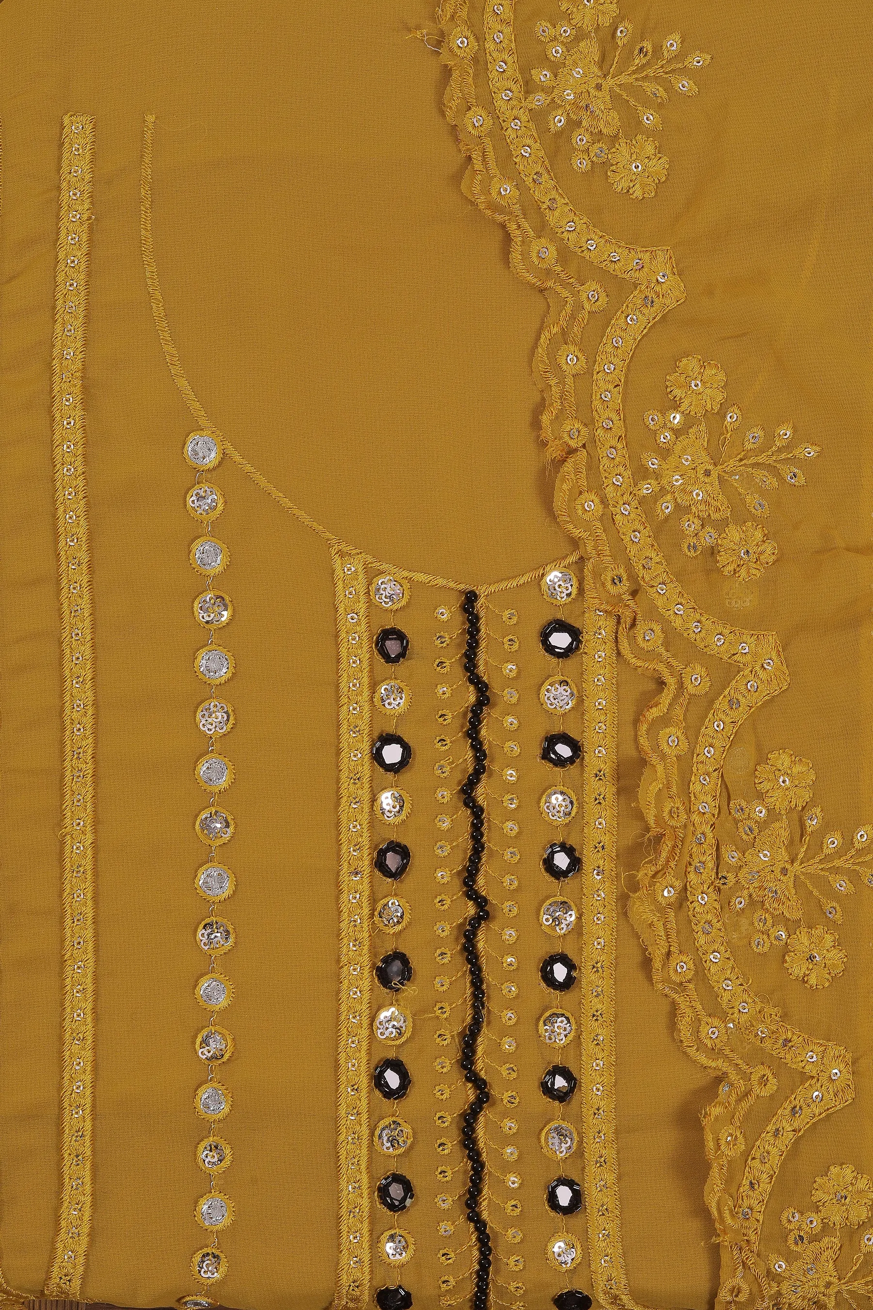 Mustard Embroidered Poly Georgette Dress Material with Dupatta