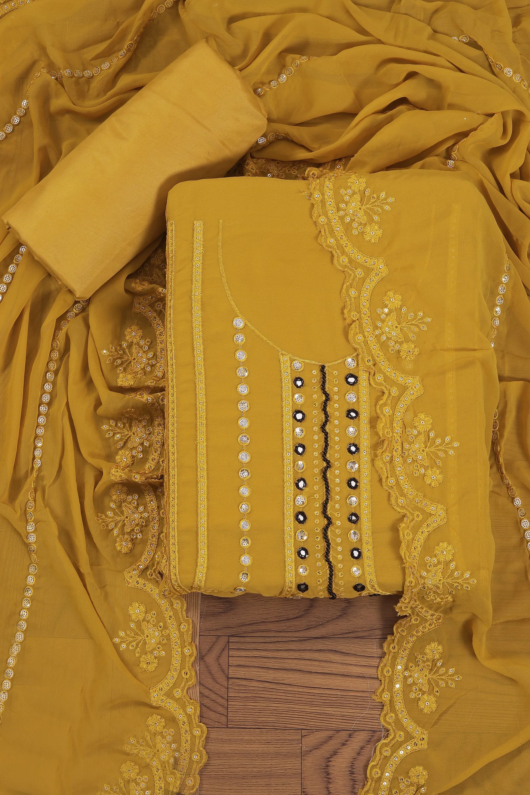 Mustard Embroidered Poly Georgette Dress Material with Dupatta