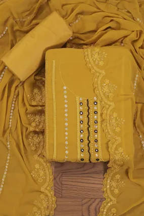 Mustard Embroidered Poly Georgette Dress Material with Dupatta