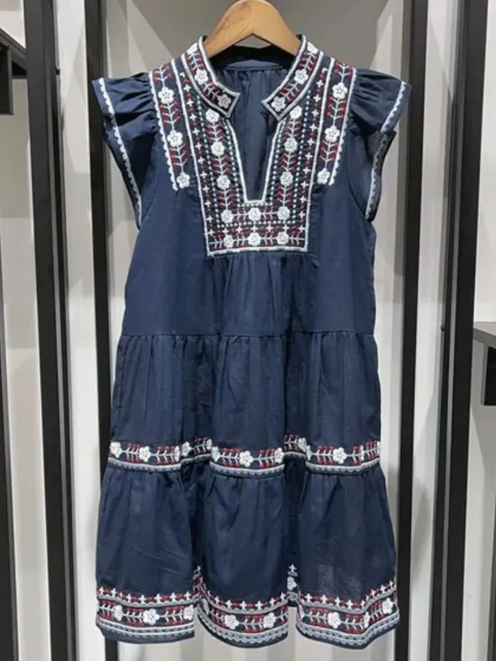 Navy blue embroidered details short dress