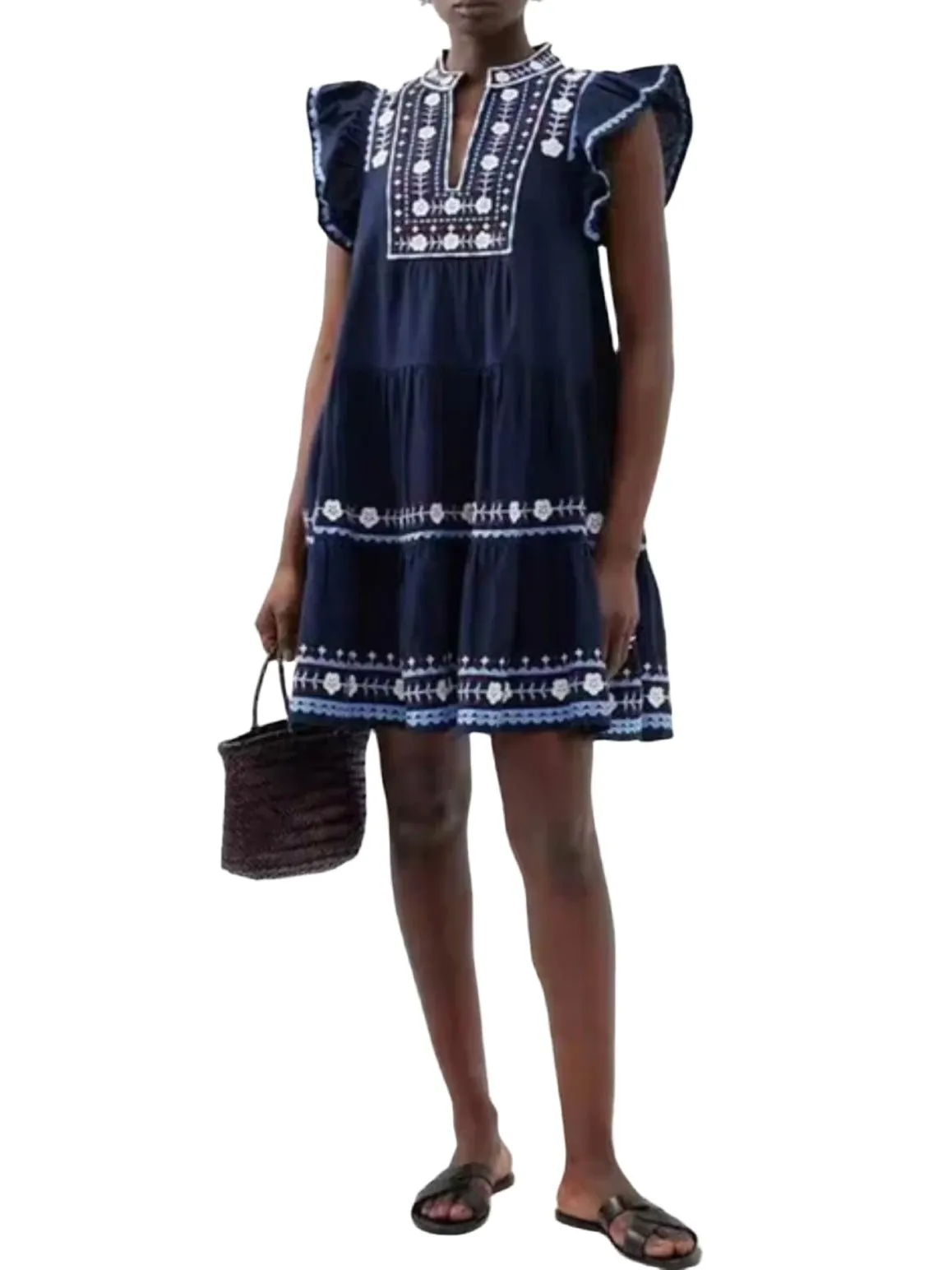 Navy blue embroidered details short dress
