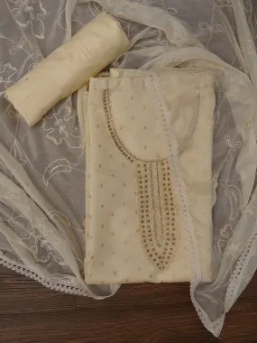 Off White Cotton Woven Design Embellished Dress Material with Dupatta