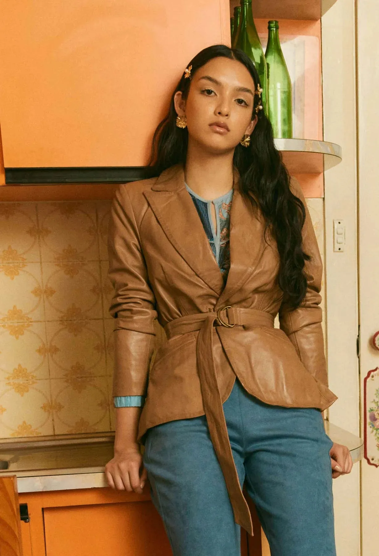 ONCE WAS - Loren Leather Peplum Blazer Husk