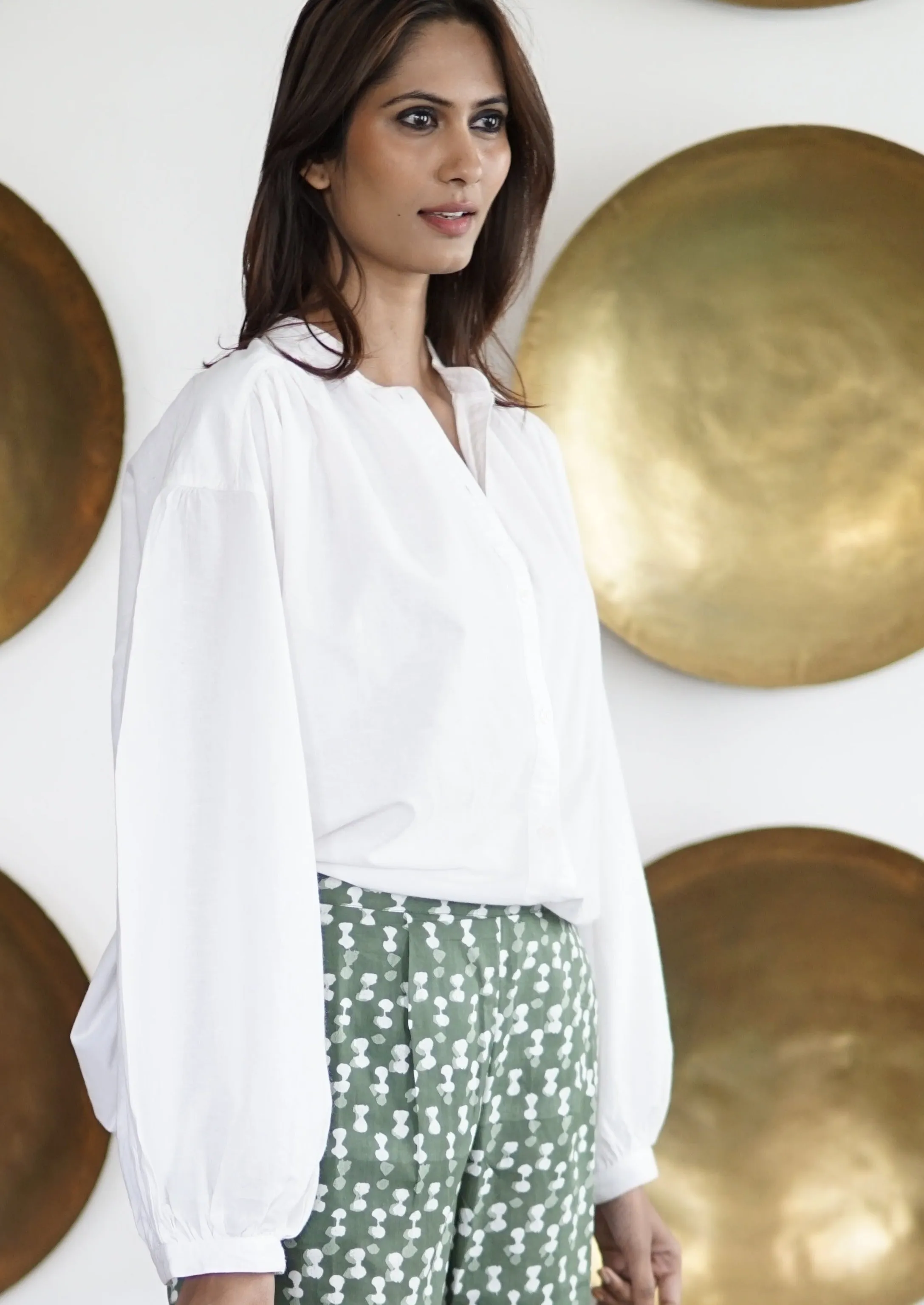 Pants, cotton summer pants with pockets, green and white block print cotton trousers with pockets