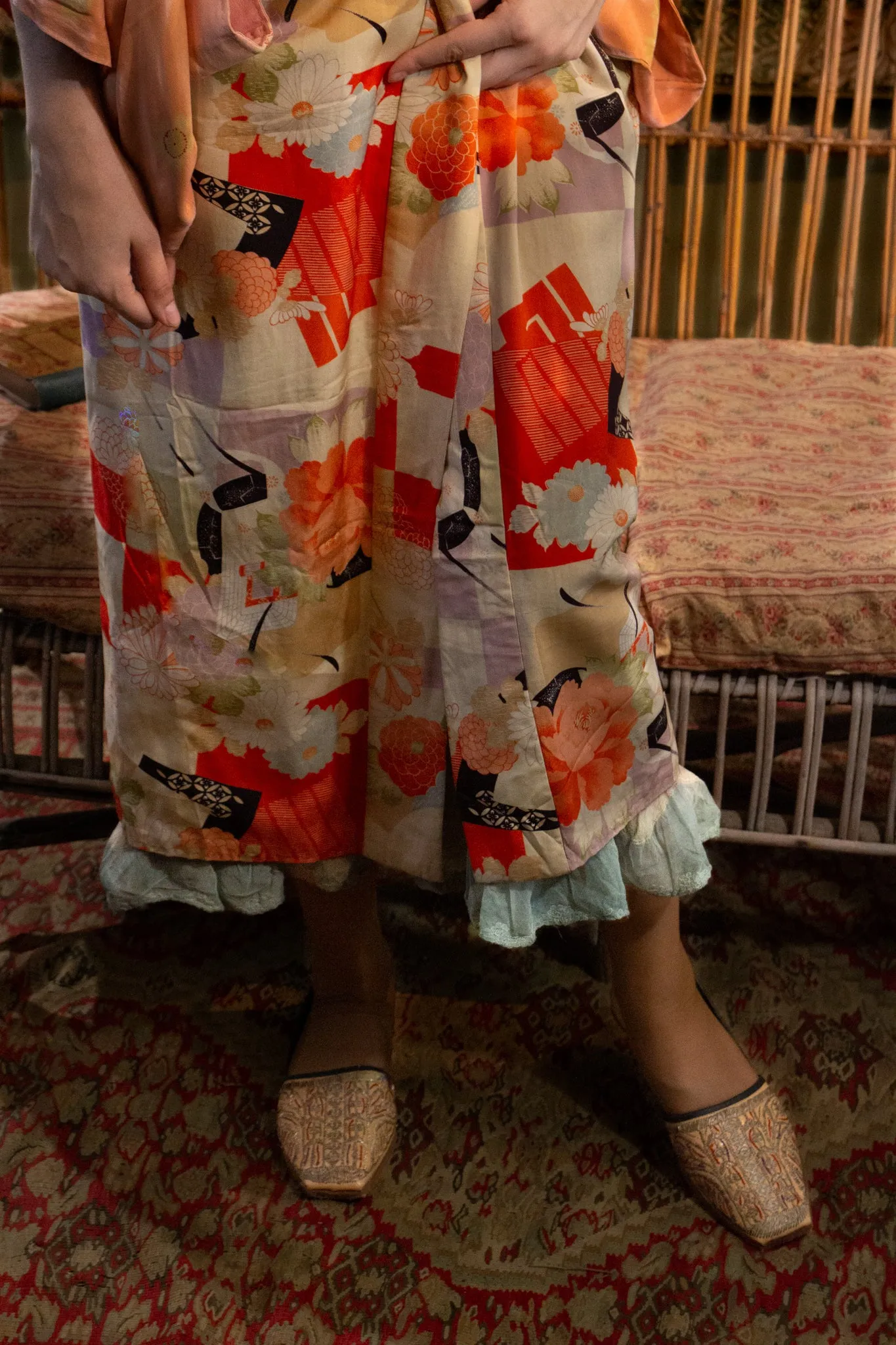 Pastel Peonies and Chrysanthemums Japanese Kimono