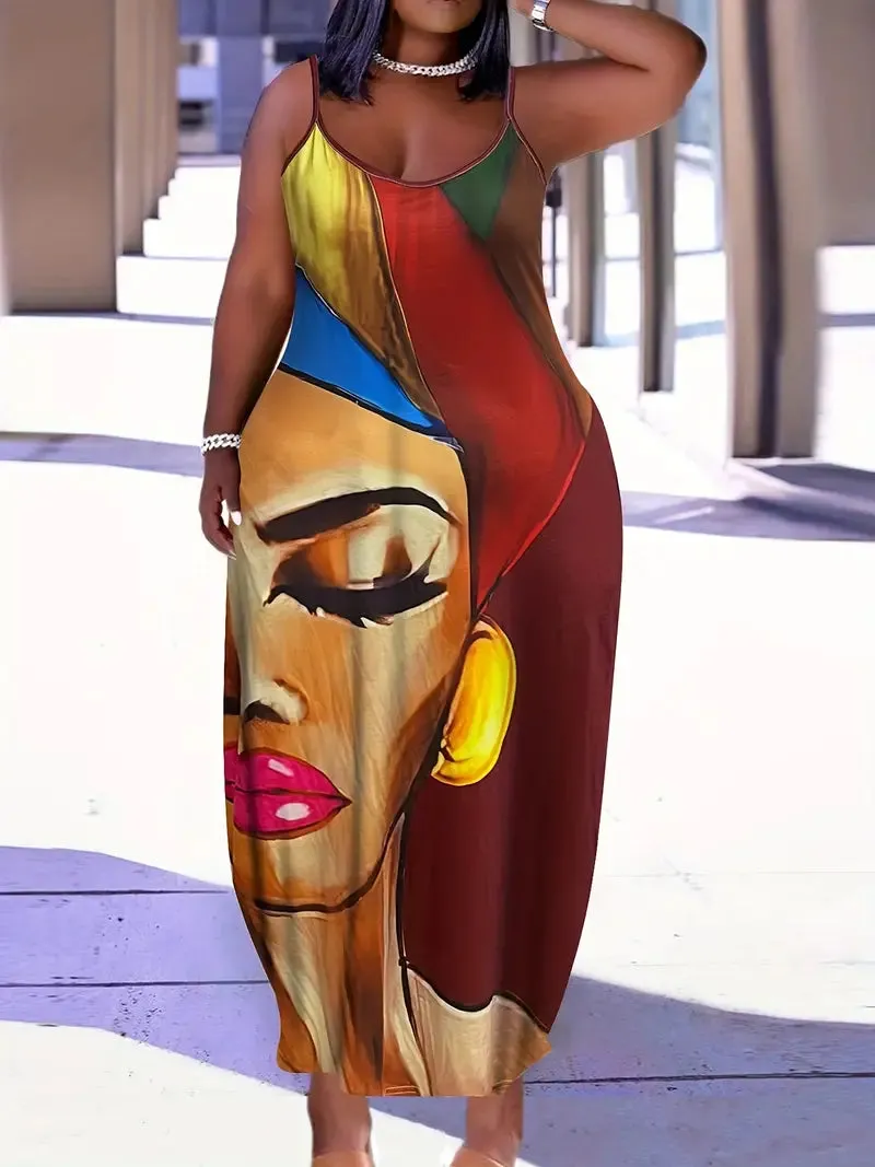 Plus Exotic Yellow Nubian Lady Portrait Maxi Dress