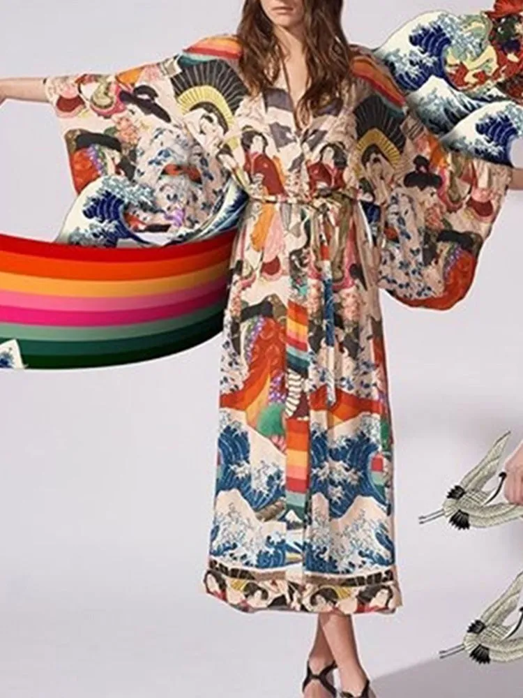 Printed Multicolor Chiffon Polyester Long Length Gown Kimono Duster Robe