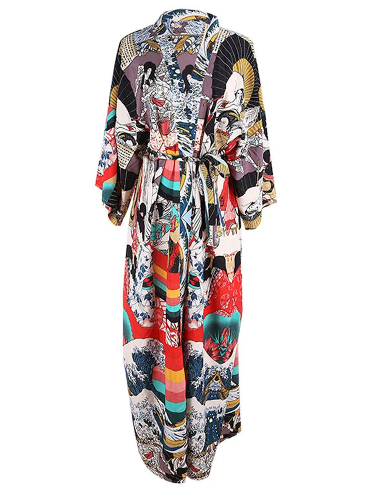 Printed Multicolor Chiffon Polyester Long Length Gown Kimono Duster Robe