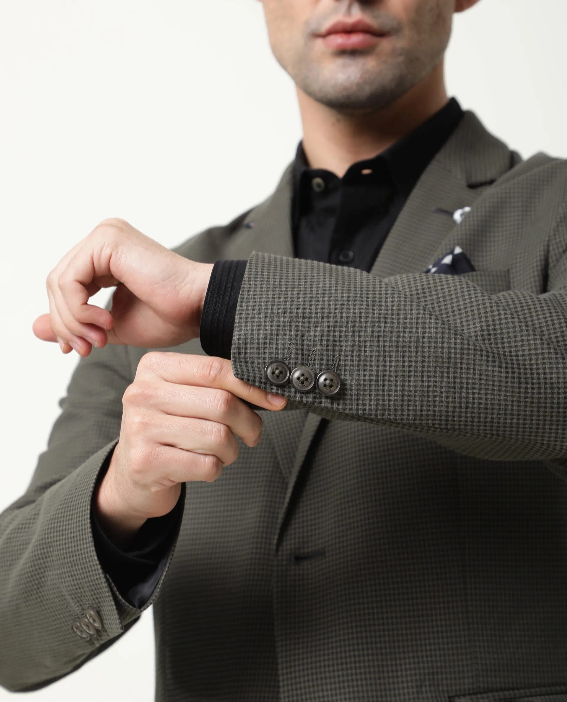 Rare Rabbit Men's Alps Green Notch Lapel Single Breasted Slim Fit Micro Check Seer Sucker Blazer