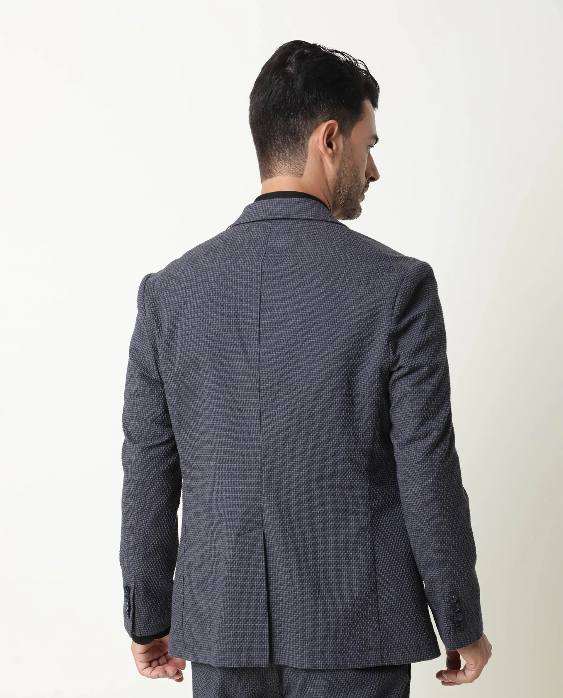 Rare Rabbit Men's Alps Navy Cotton Polyester Fabric Notch Lapel Single Breasted Slim Fit Micro Check Seer Sucker Blazer