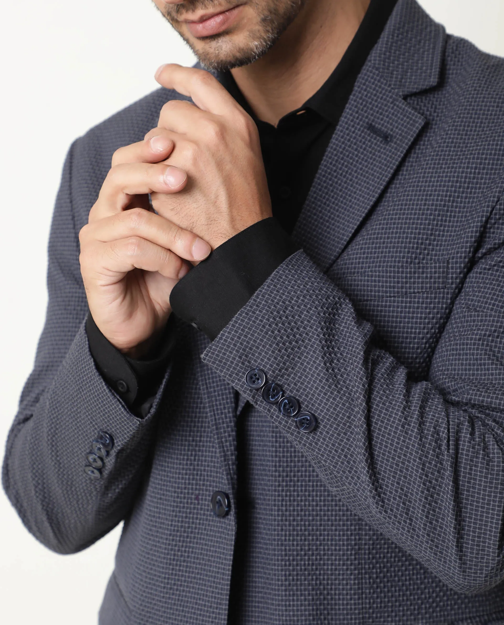 Rare Rabbit Men's Alps Navy Cotton Polyester Fabric Notch Lapel Single Breasted Slim Fit Micro Check Seer Sucker Blazer