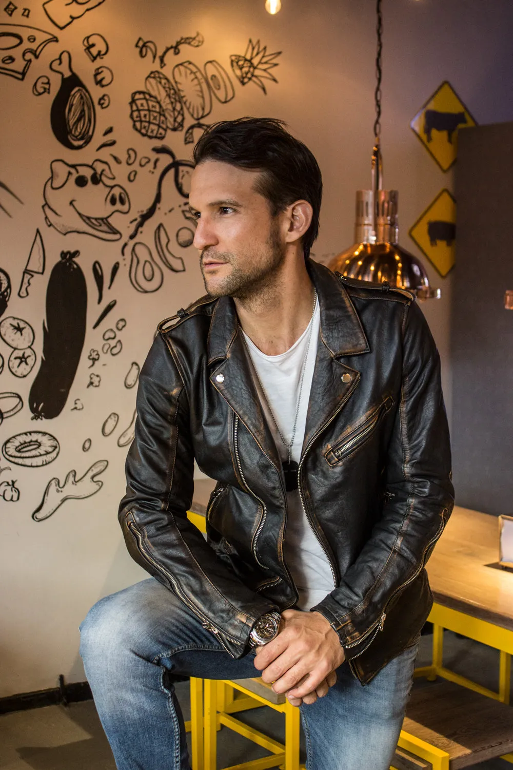 Rebel II Vintage Leather Jacket Aged Leather Distressed Black