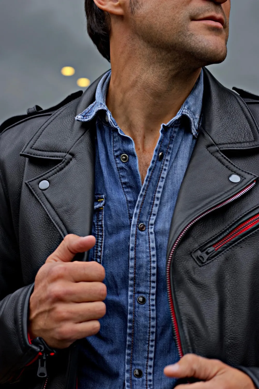 Rebel RD Classic Biker Leather Jacket Leather - Buffalo - Red & Black