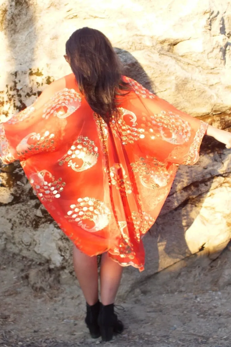 Red Gold Sequin Peacock Duster Caftan Kimono Top (Copy)