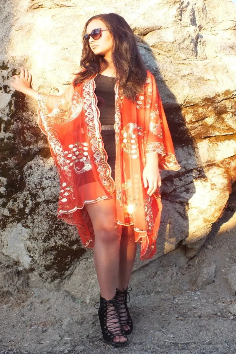 Red Gold Sequin Peacock Duster Caftan Kimono Top (Copy)