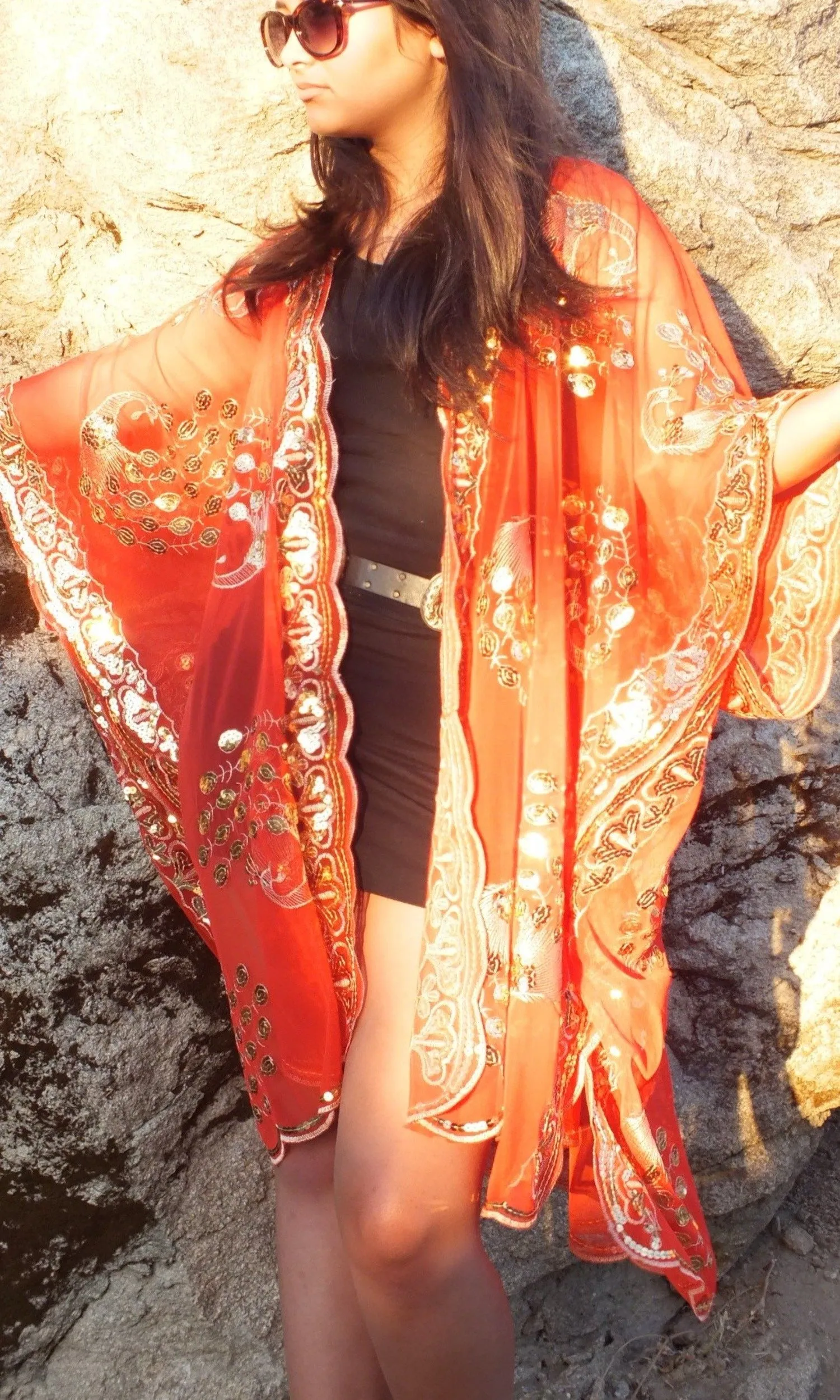 Red Gold Sequin Peacock Duster Caftan Kimono Top (Copy)