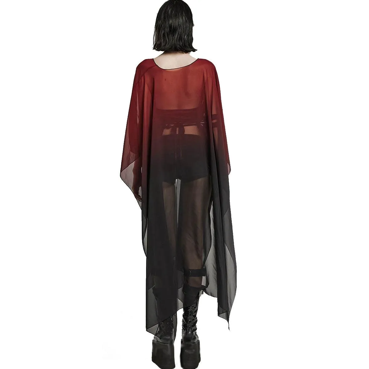 Red Moon Rising - women's Gothic black and red gradient chiffon duster with an open front and beaded rope belt