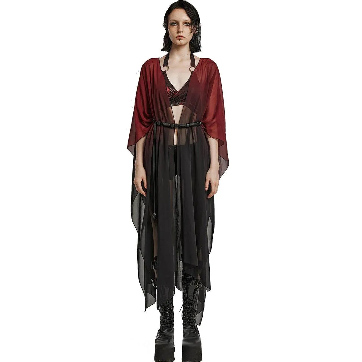 Red Moon Rising - women's Gothic black and red gradient chiffon duster with an open front and beaded rope belt