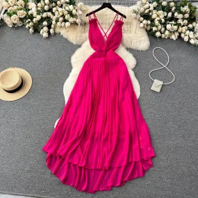 Rose Red Pleated V-neck Halter Dress