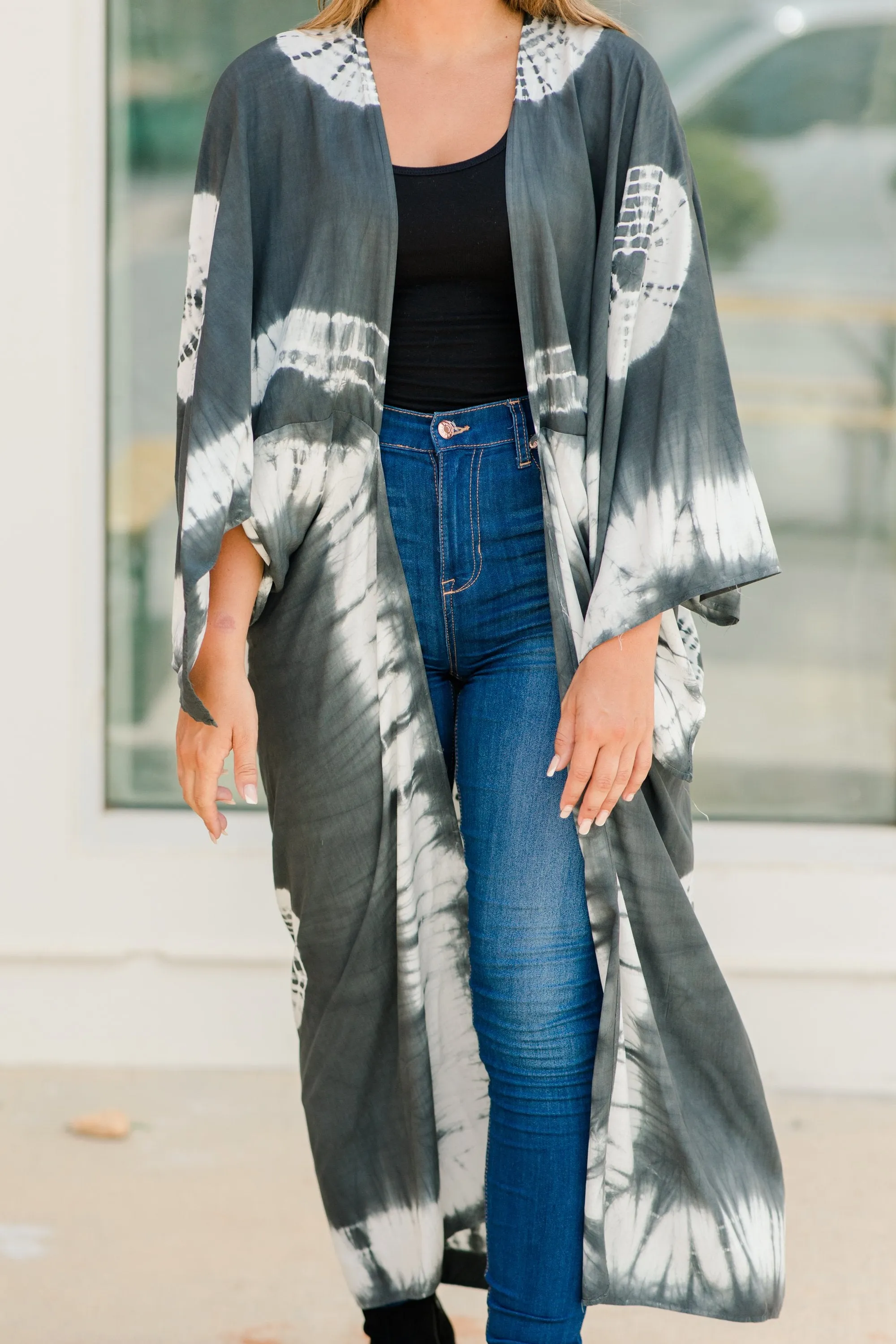 Savor The Chic Charcoal Gray Tie Dye Kimono