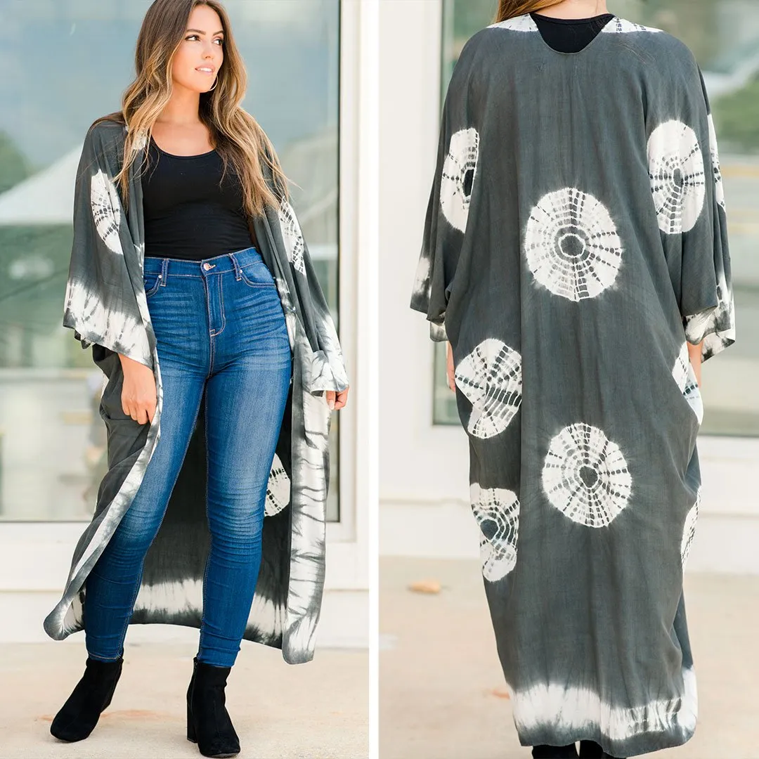 Savor The Chic Charcoal Gray Tie Dye Kimono
