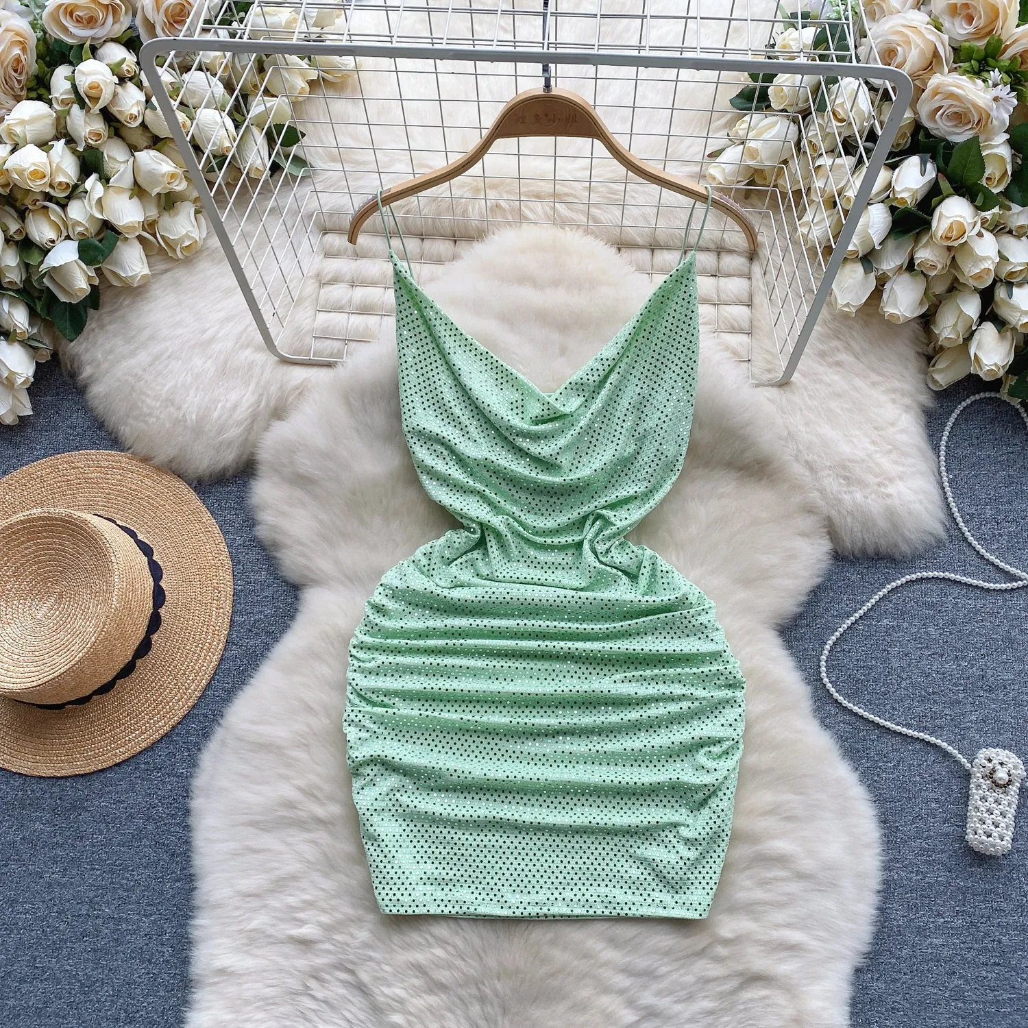 Sequined Pleated Hip-wrapping Slip Dress