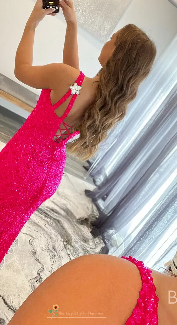 Sexy Slit Fit and Flare Hot Pink Sparkle Prom Dress