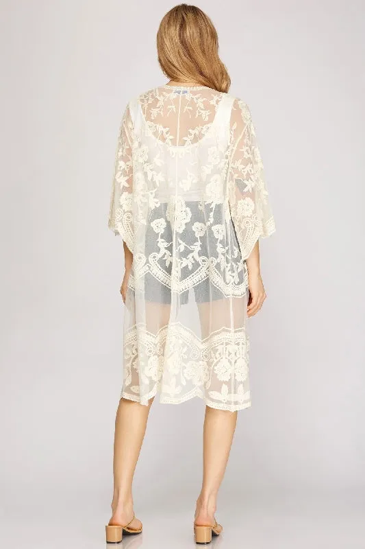 She   Sky Lace Midi Long Kimono Cardigan - Cream