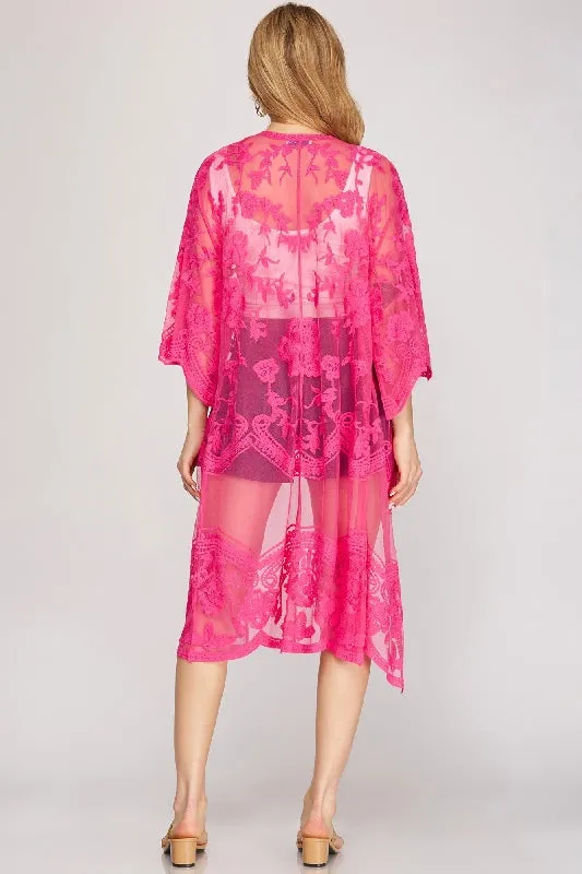 She   Sky Lace Midi Long Kimono Cardigan