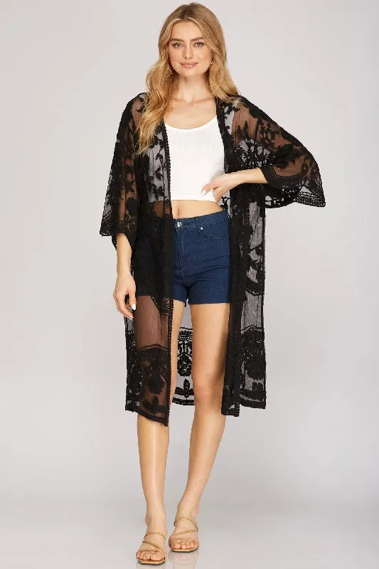 She   Sky Lace Midi Long Kimono Cardigan