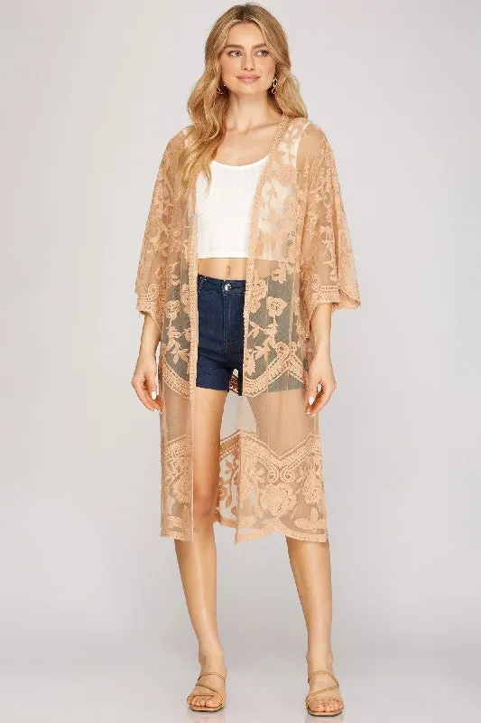 She   Sky Lace Midi Long Kimono Cardigan