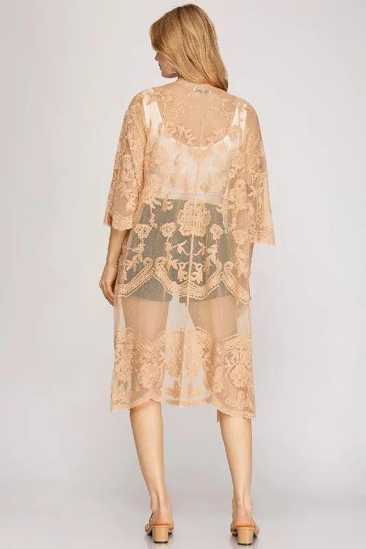 She   Sky Lace Midi Long Kimono Cardigan