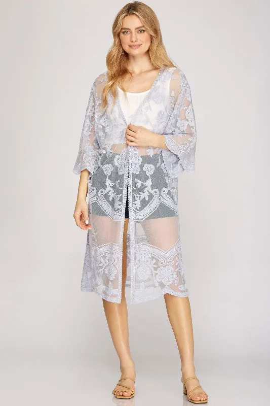 She   Sky Lace Midi Long Kimono Cardigan