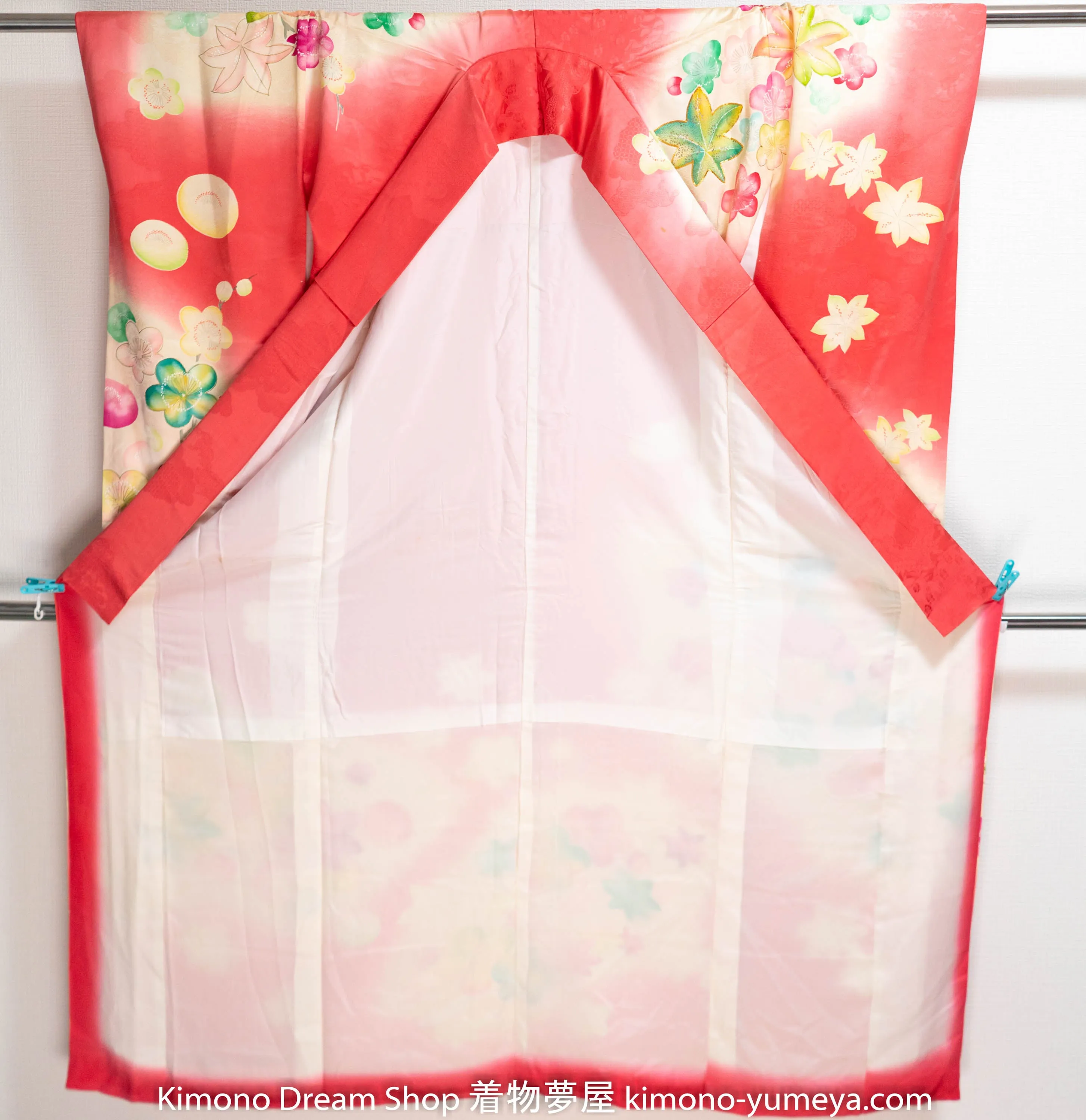 Silk Pinkish Reddish Furisode - Retro 1980s Abstract Flowers & Leaves Springtime Long Sleeve Kimono