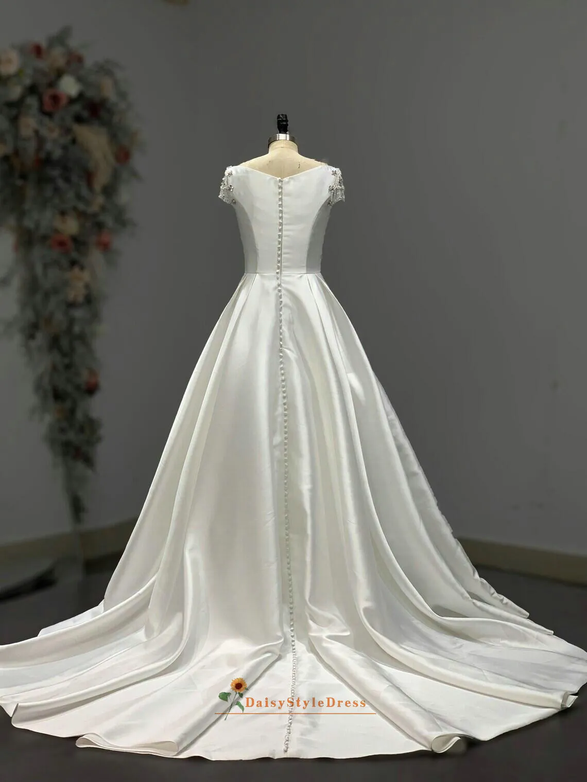 Simple Beaded Short Sleeve Ivory Wedding Dress