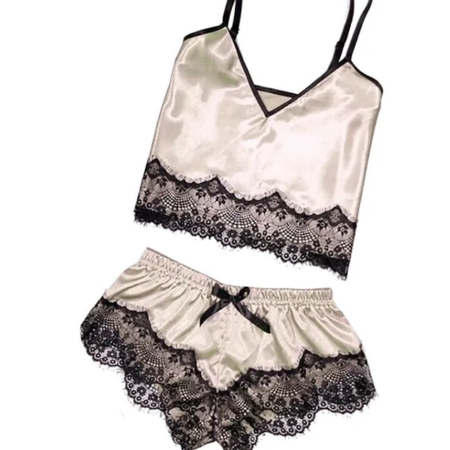 Slip Women Satin pajamas lace suspender shorts