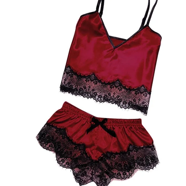 Slip Women Satin pajamas lace suspender shorts