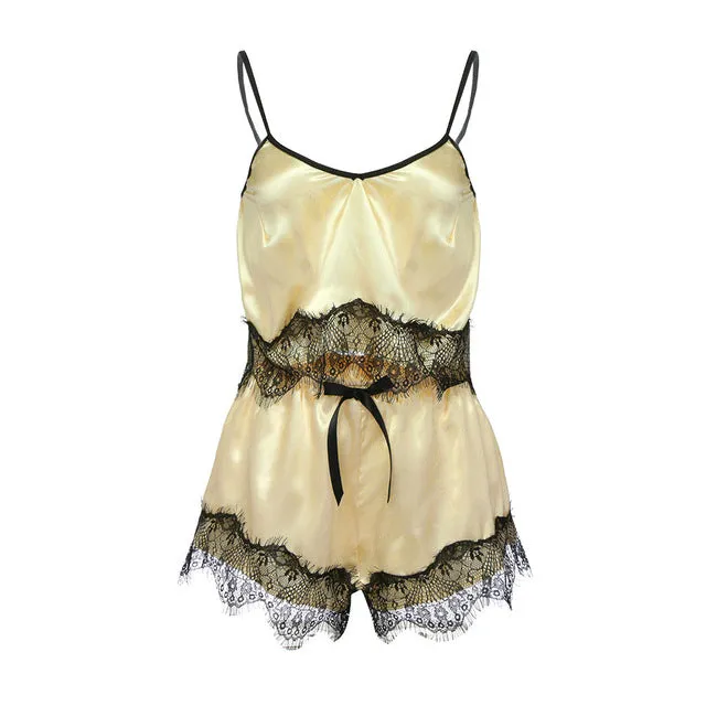 Slip Women Satin pajamas lace suspender shorts