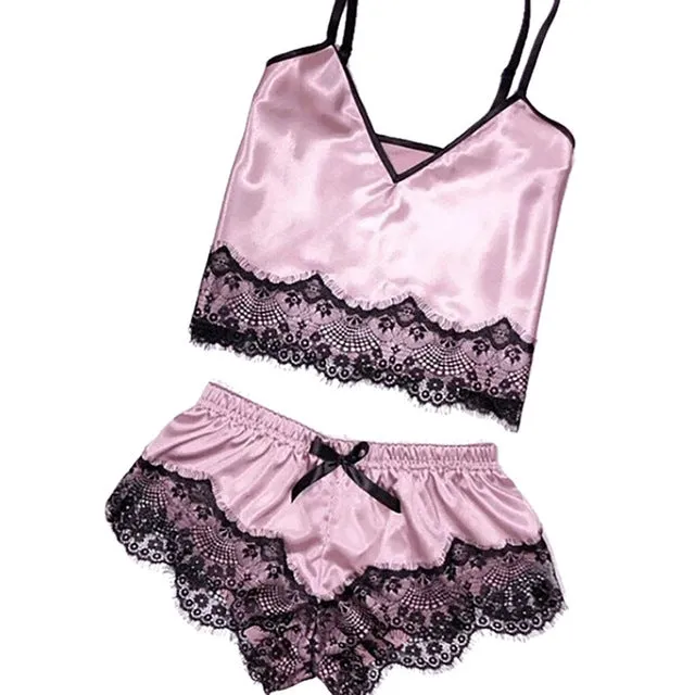 Slip Women Satin pajamas lace suspender shorts